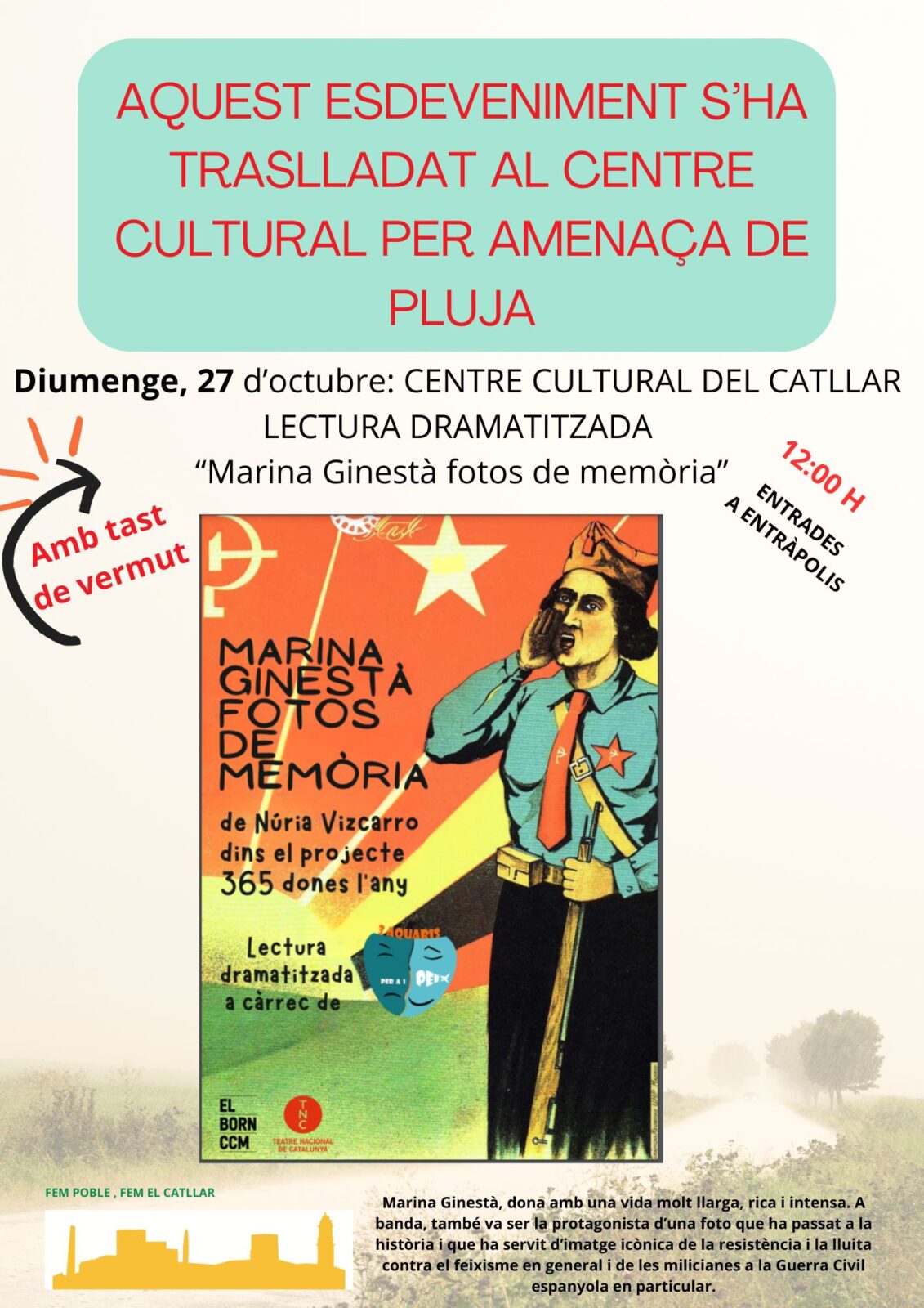 ATENCIÓ: LA LECTURA DRAMATITZADA I TAST DE VERMUT, AL CENTRE CULTURAL. 27 D'OCTUBRE